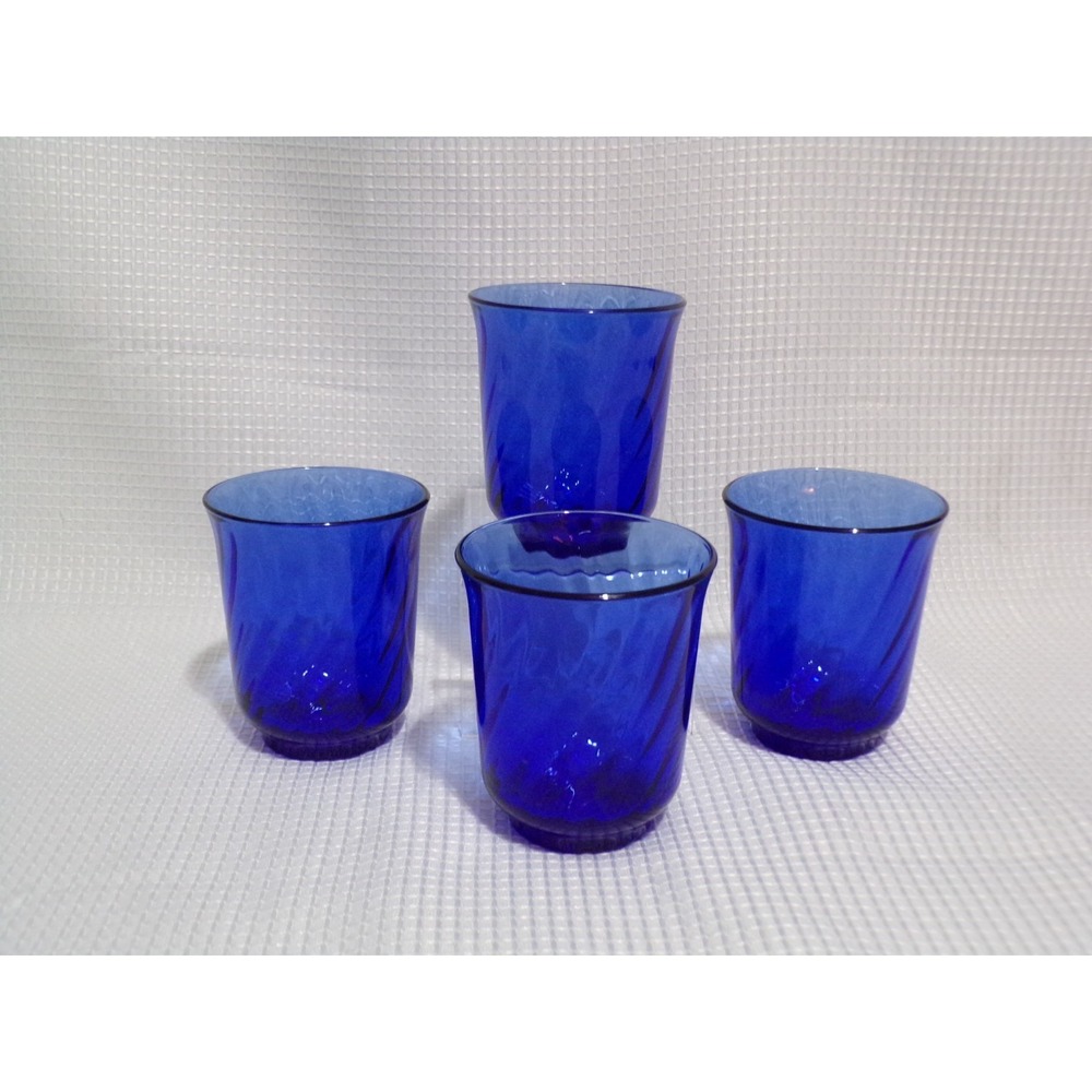 Arcoroc France Cobalt Blue with Swirl Design Juice Glasses 4 Ounces Set of 4